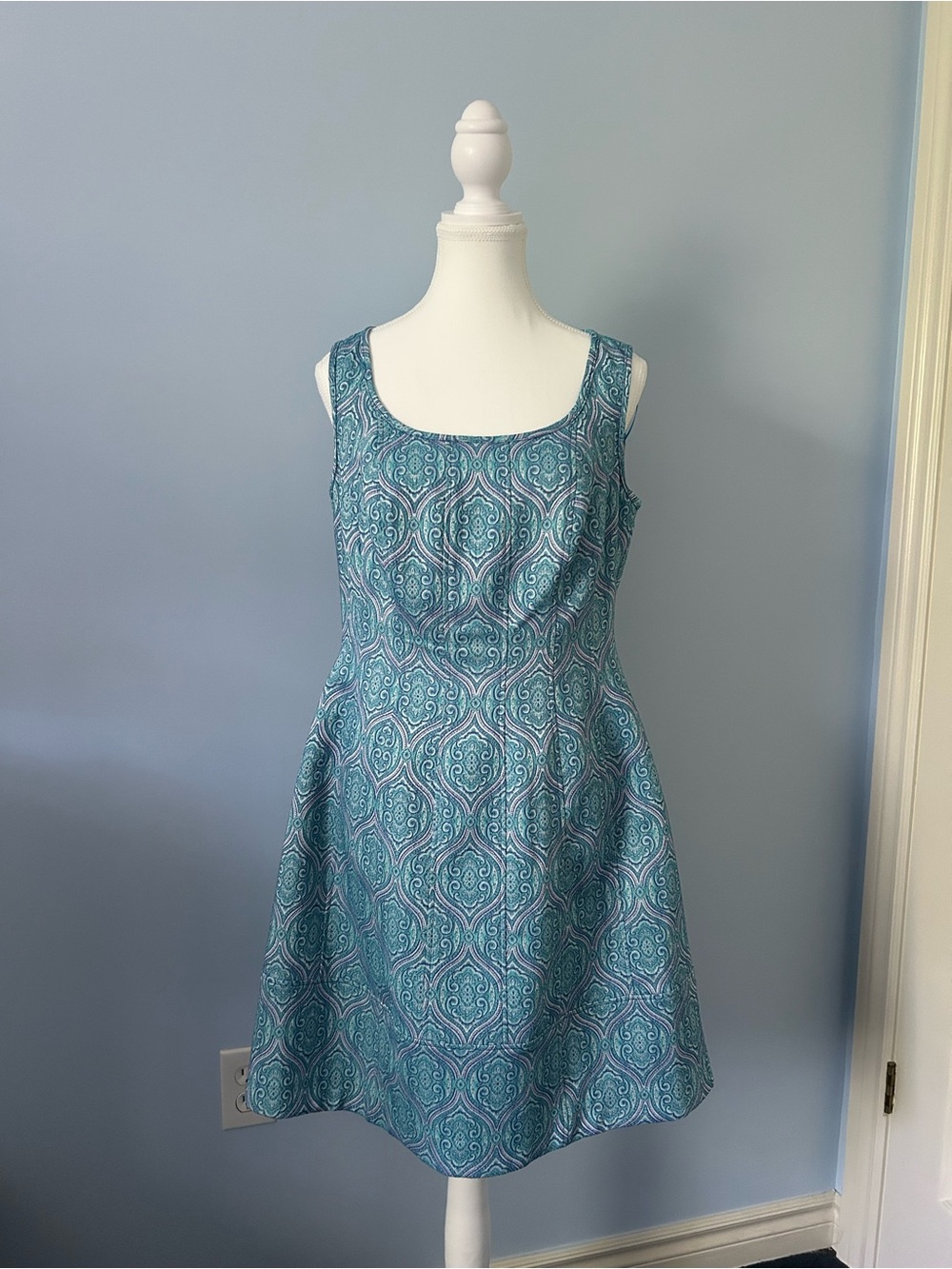 Sleeveless Teal Patterned Fit-and-Flare Midi Dress